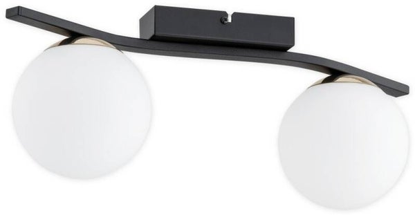 Zweiflammige Deckenleuchte schwarz matt gold mit weißen Glaskugeln
