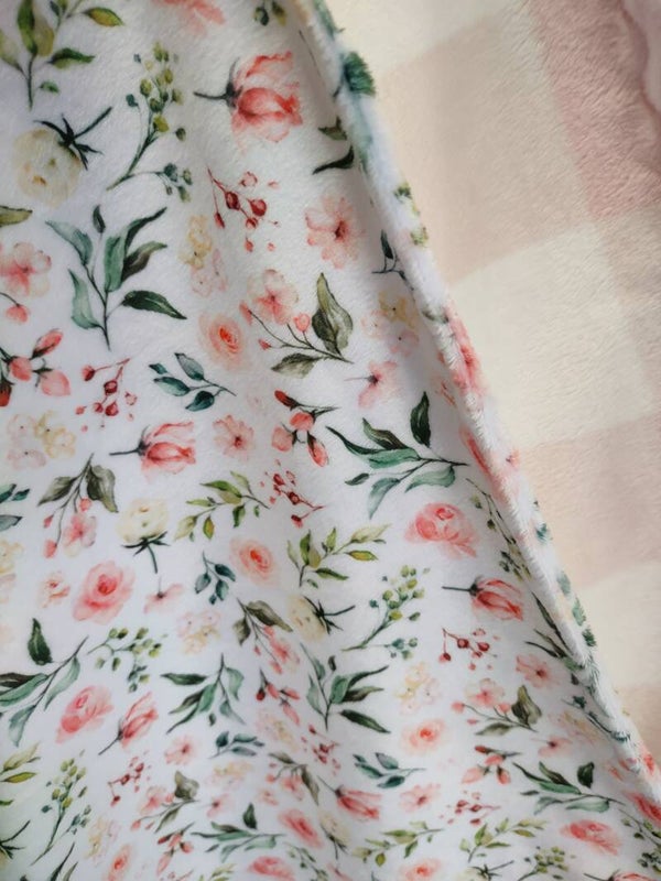 Floral Baby/Toddler Throw or Blanket in Minky fabric with tiny pink and cream roses and rose buds