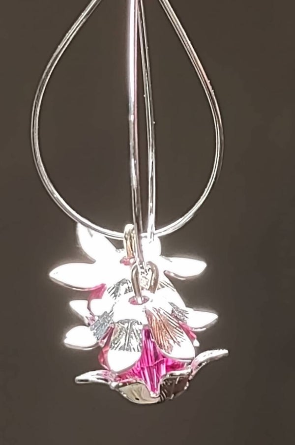 Fushia Drop Earrings on Teardrop Hoops in Silver