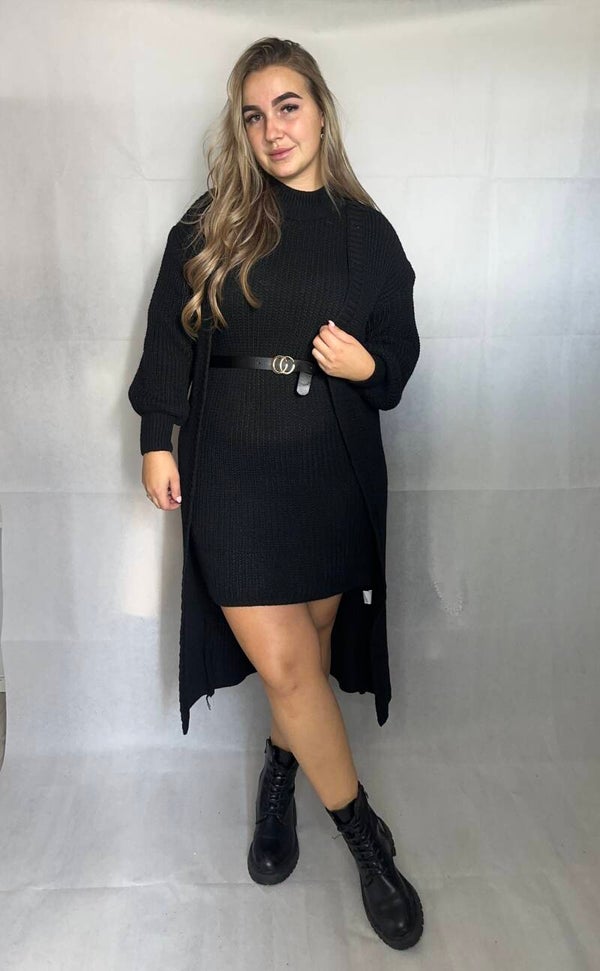 LONG KNITTED CARDIGAN + DRESS + BELT BLACK