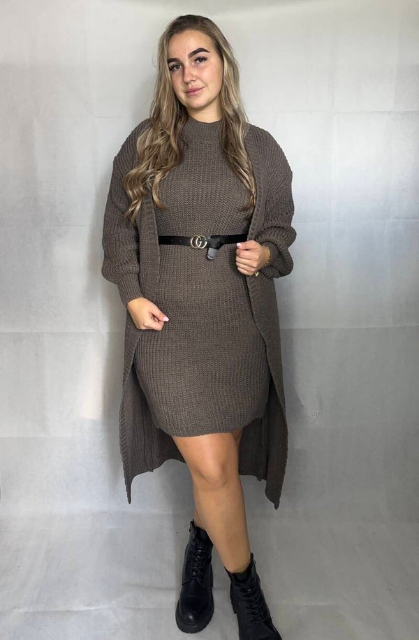 LONG KNITTED CARDIGAN + DRESS + BELT TAUPE