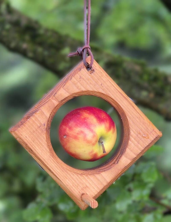 Vogelvoerhanger voor een appel - hang voerhuisje - vurenhout - leren riempje - decoratief