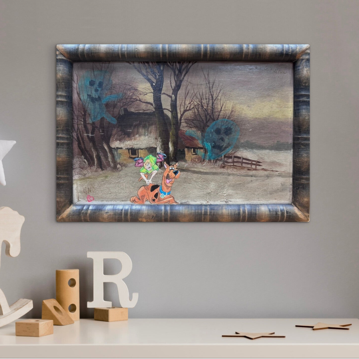 Haunted House, origineel upcycled vintage schilderij