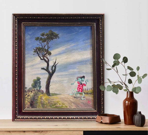 Funny Lizzard, origineel upcycled vintage schilderij