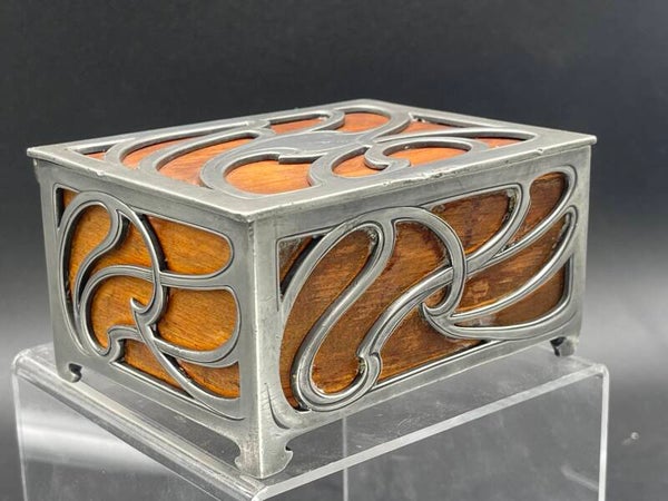 Art Nouveau Cigar Box. WMF-Stamped. Cedar Wood Lined. Silver Plate Scrollwork.