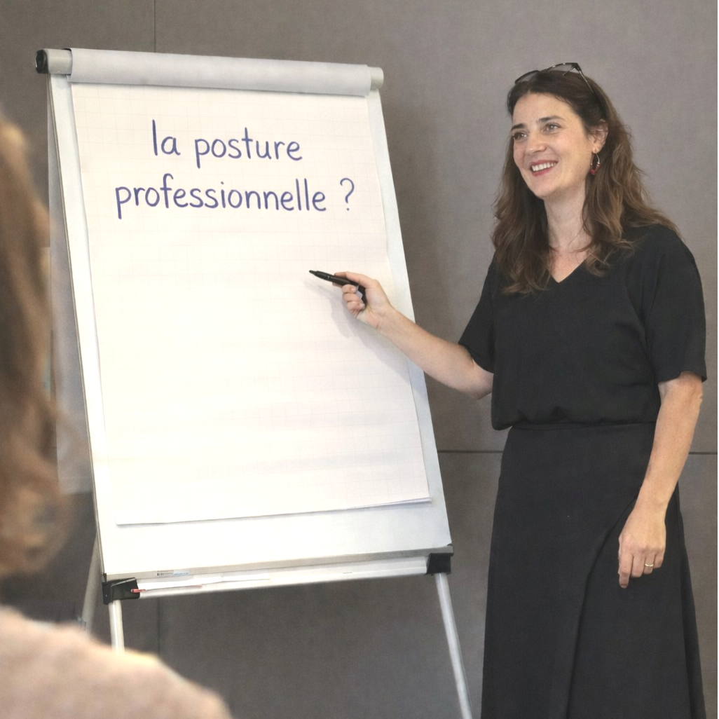 Bérangère Dupont écrit sur un tableau. Il y est écrit : "la posture professionnelle ?"