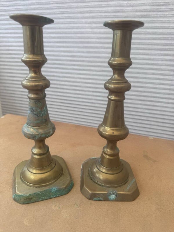 Pair Vintage Brass Candlesticks 10” Square Base Candle Holders Verdigris Patina