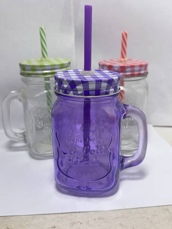 Embossed Square Jar Container Drink Travel Mugs Gingham Lid Rustic