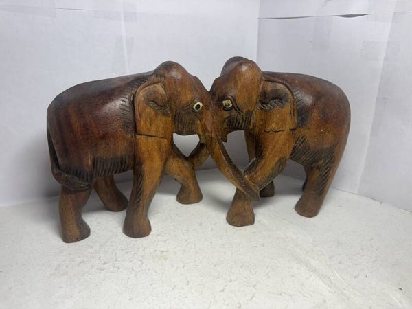 Vintage Wooden Hand Carved Elephants Holding Trunks On Legs Art 37 X 11cm