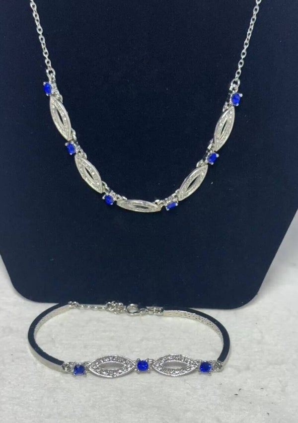 Ladies Silver Coloured Necklace And Bracelet Set With Blue Stones Gift