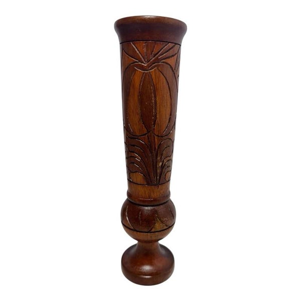 Hand Carved Tiki Wooden Vase With Floral Carvings 2-Tone Stain Vintage 10”