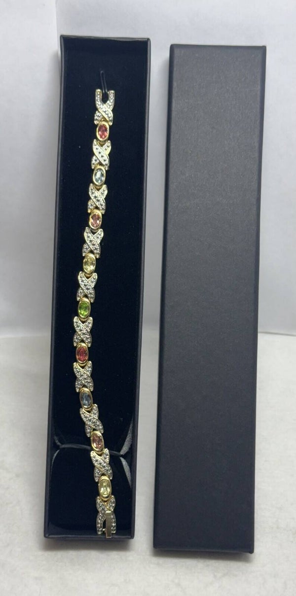 Gold Coloured Bracelet Mixed Coloured Topaz Stones Magnetic Therapy Bracelet