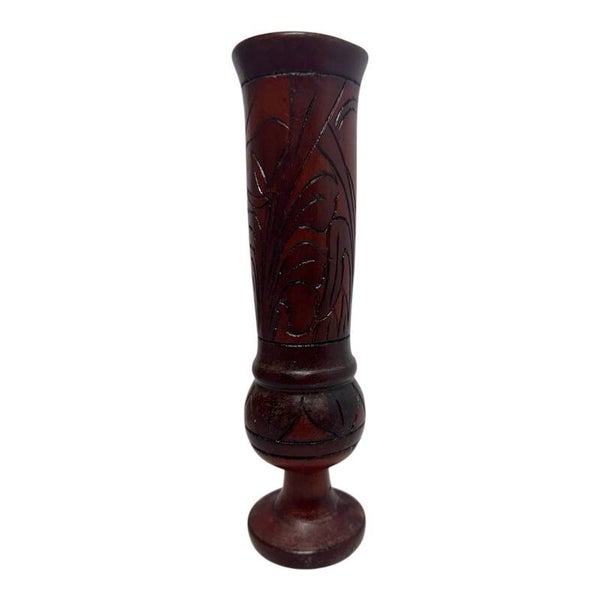 Hand Carved Tiki Wooden Vase With Floral Carvings 2-Tone Stain Vintage 9.5"