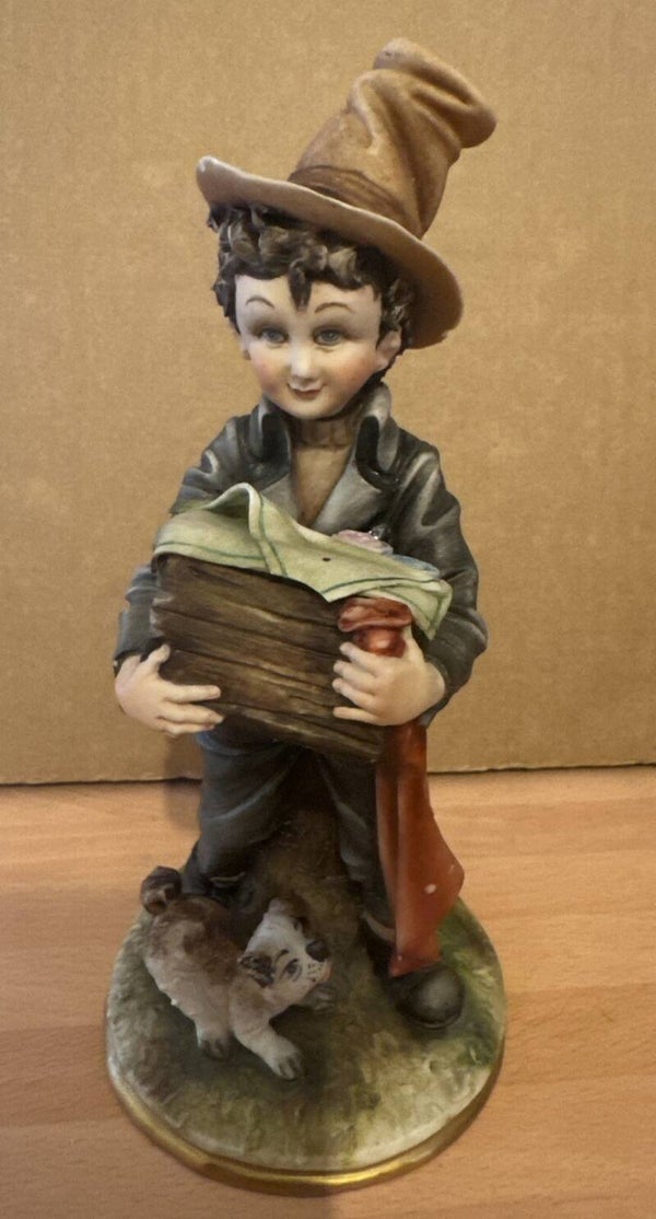 Vintage Capodimonte By Gianni Boy With Flower Box With Little Puppy Rare