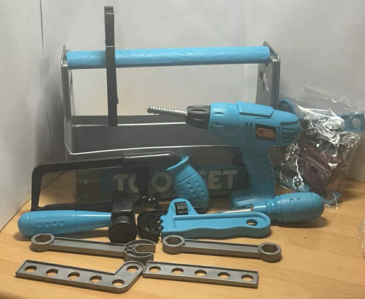 18 Piece Kids Toy Tool Set with Toolbox & Battery Drill – Blue