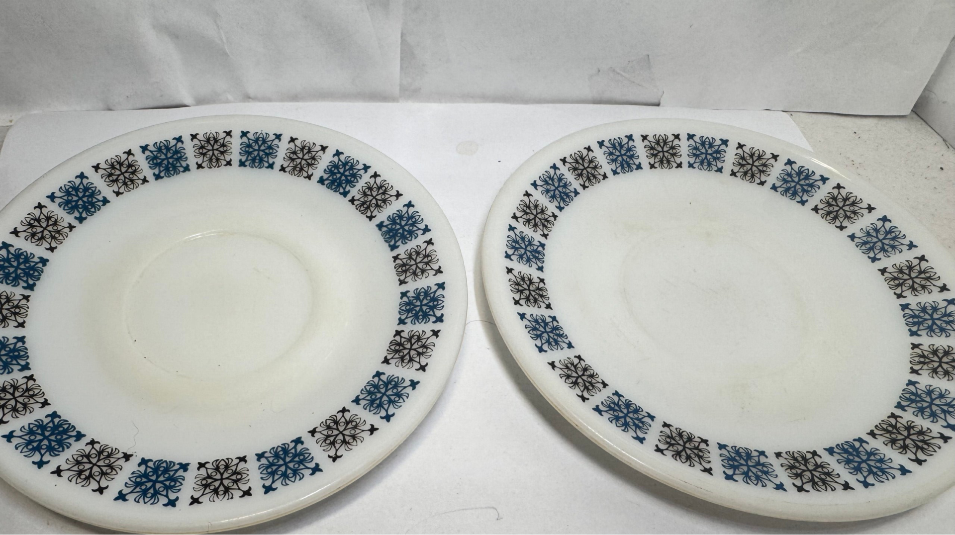 JAJ Pyrex Chelsea Plates Pair Blue Black Geometric Milk Glass Vintage
