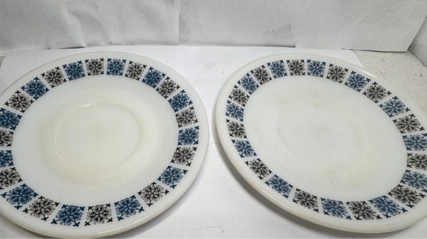 JAJ Pyrex Chelsea Plates Pair Blue Black Geometric Milk Glass Vintage