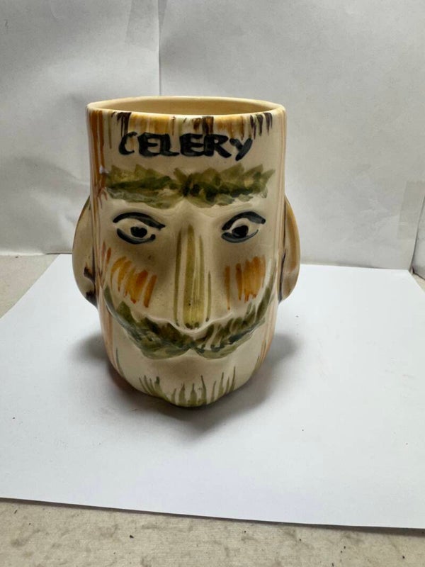 DRAGON POTTERY Green Brown Head Design Celery Pot Made in Wales 6” Tall