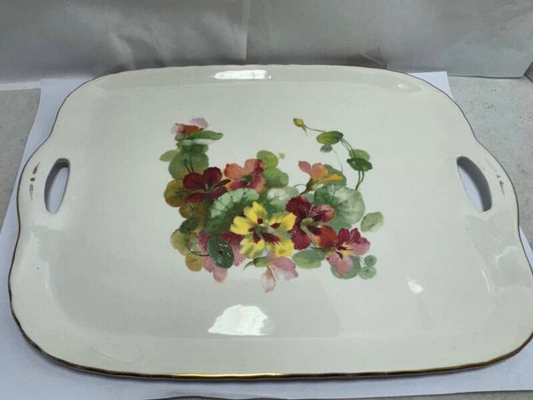 Antique c1900 Foreign Porcelain Tray Hand Painted Pansies Floral Serving Dish