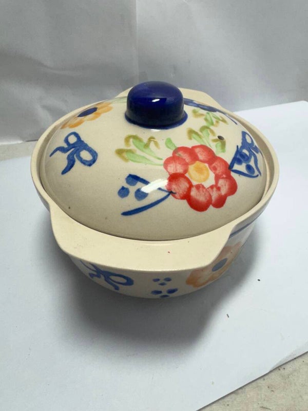Vintage Rustic Stoneware Casserole Dish 12cm With Lid Hand Painted Floral