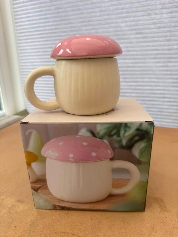 Pink Mushroom Ceramic Mug With Lid Toadstool Cup Cottagecore Gift New Boxed