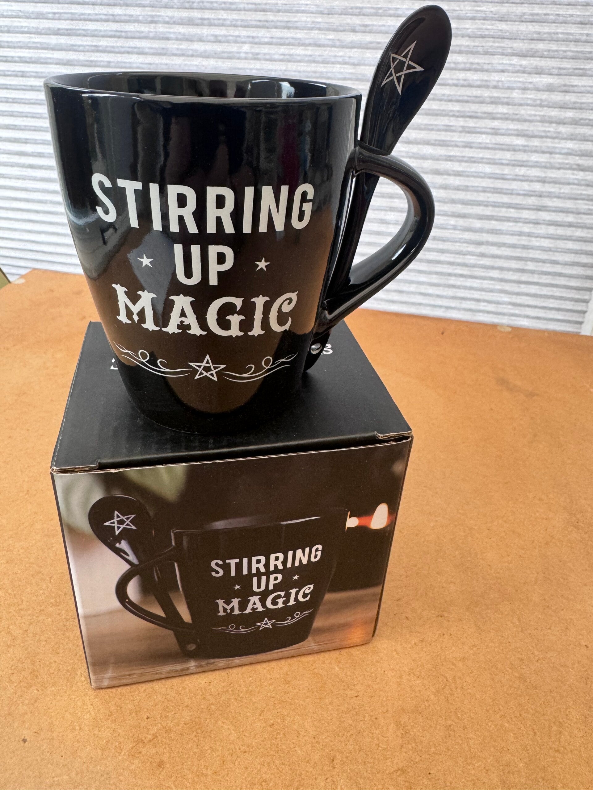 Stirring Up Magic Black Ceramic Mug With Spoon Pentagram Witch Gothic Gift Boxed
