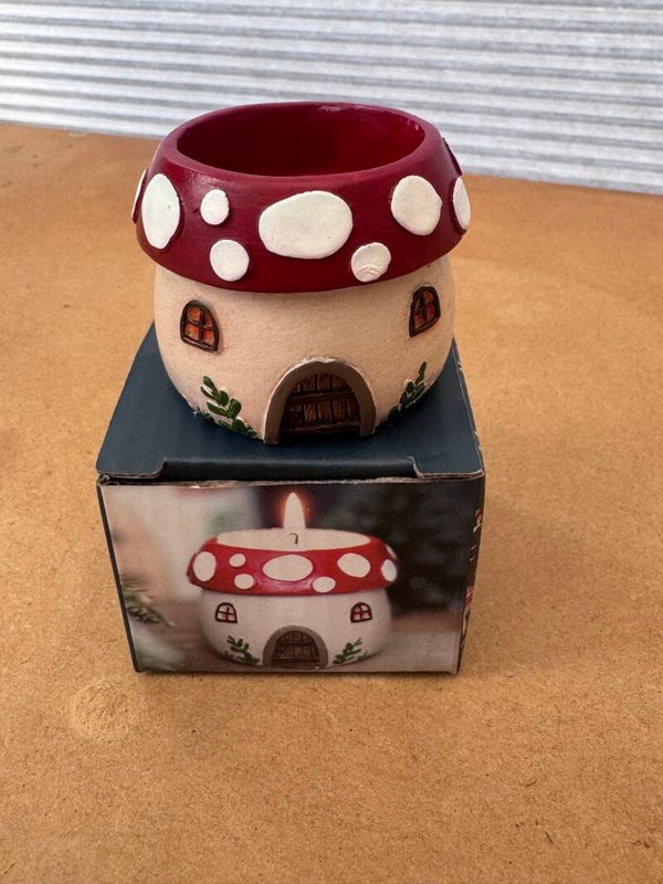 Mushroom House Tealight Candle Holder Red Toadstool Fairy Cottagecore Gift Boxed