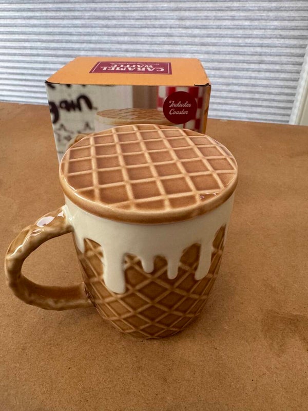 Caramel Waffle Ceramic Mug & Coaster Set Novelty Coffee Tea Cup Gift Boxed