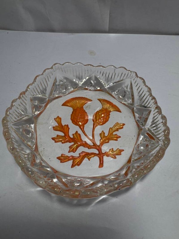 Vintage Carnival Glass Thistle Pattern Marigold Dish Iridescent Pressed Bowl