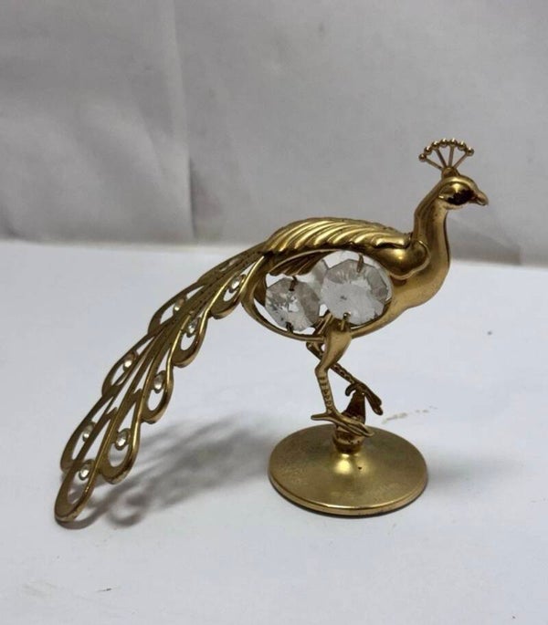 Vintage Peacock Figurine Austrian Crystal 24K Gold Plated Mascot USA