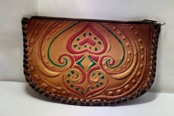 Vintage Italian hand-tooled leather clutch with Lampo zipper
