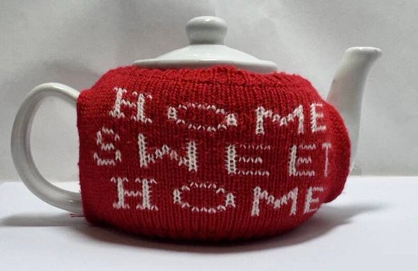 COLLECTABLE SWEET WHITE GLAZED TEAPOT AND RED KNIT TEA COSY  RETRO