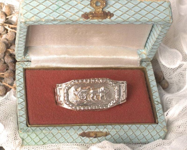 Vintage Frans zilveren servetring in mintgroen doosje