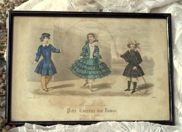 Antieke prent met afbeelding van de mode voor de jonge dames in 1852