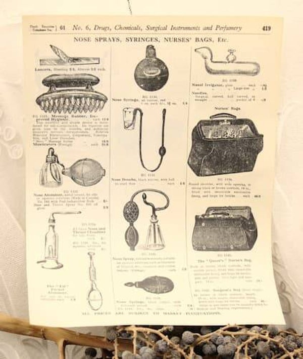 Historische originele catalogus pagina voor medische en chirurgische instrumenten
