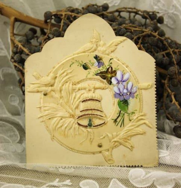 Zeldzame Antieke Kerstkaart met Celluloid Overlay (ca. 1900) – Klok & Vogels