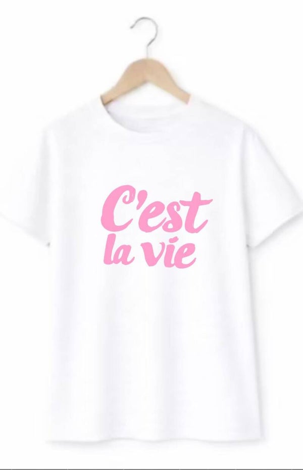 T-Shirt C'est la vie Wit/Licht roze