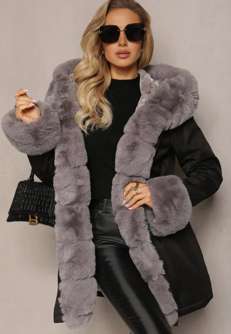 Czarna kurtka z szarym futerkiem HIT