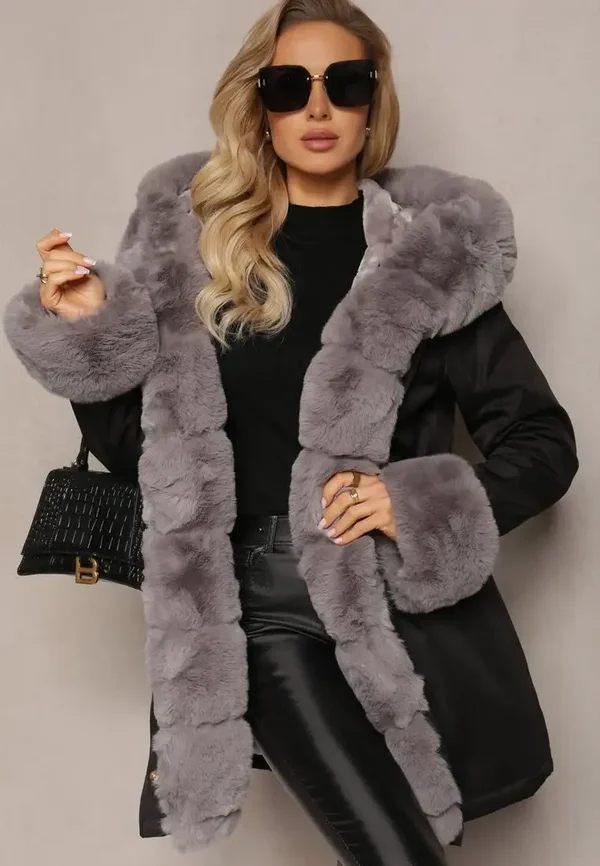 Czarna kurtka z szarym futerkiem HIT