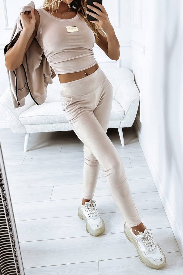 Komplet All In One spodnie bluza i top beżowy