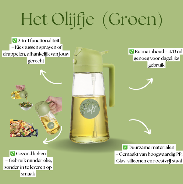 Olijfje™  2-in-1 oliespray en schenker (470 ml, Groen of Zwart)