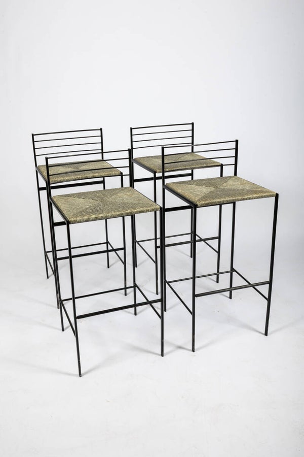 4 bar stools Cidue, made in Italy, black metal and straw