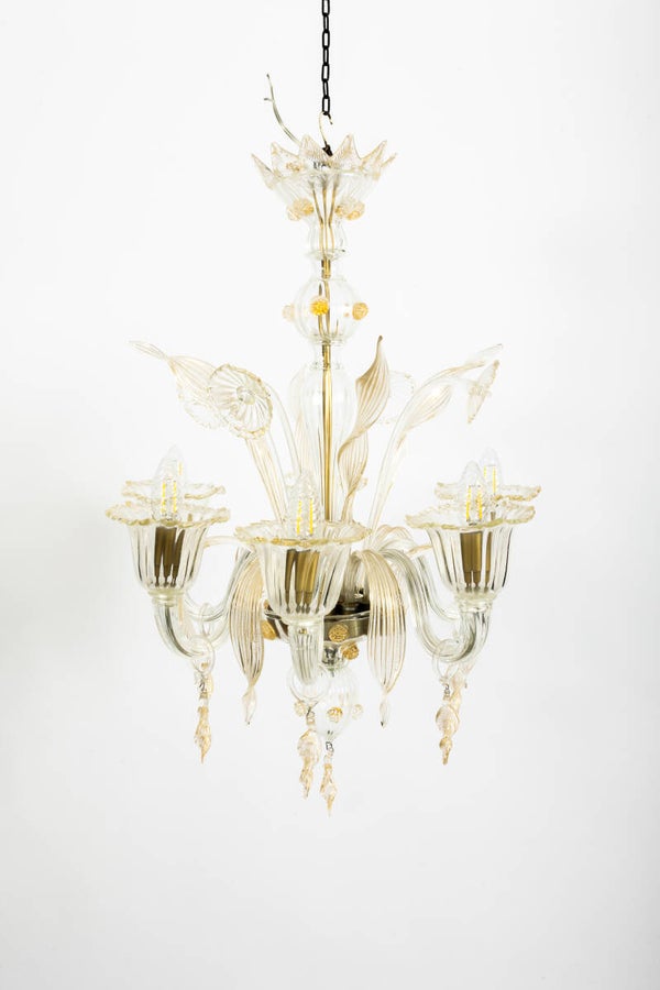 Venetian chandelier in blown clear glass with gold highlights
