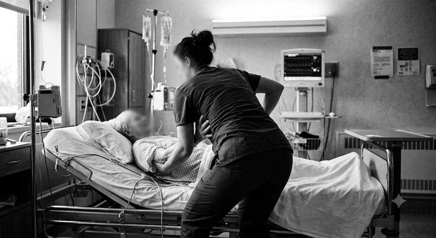 Soignante repositionnant un patient alité avec un geste délétère pour son dos, illustration des risques de TMS en formation PRAP-2S