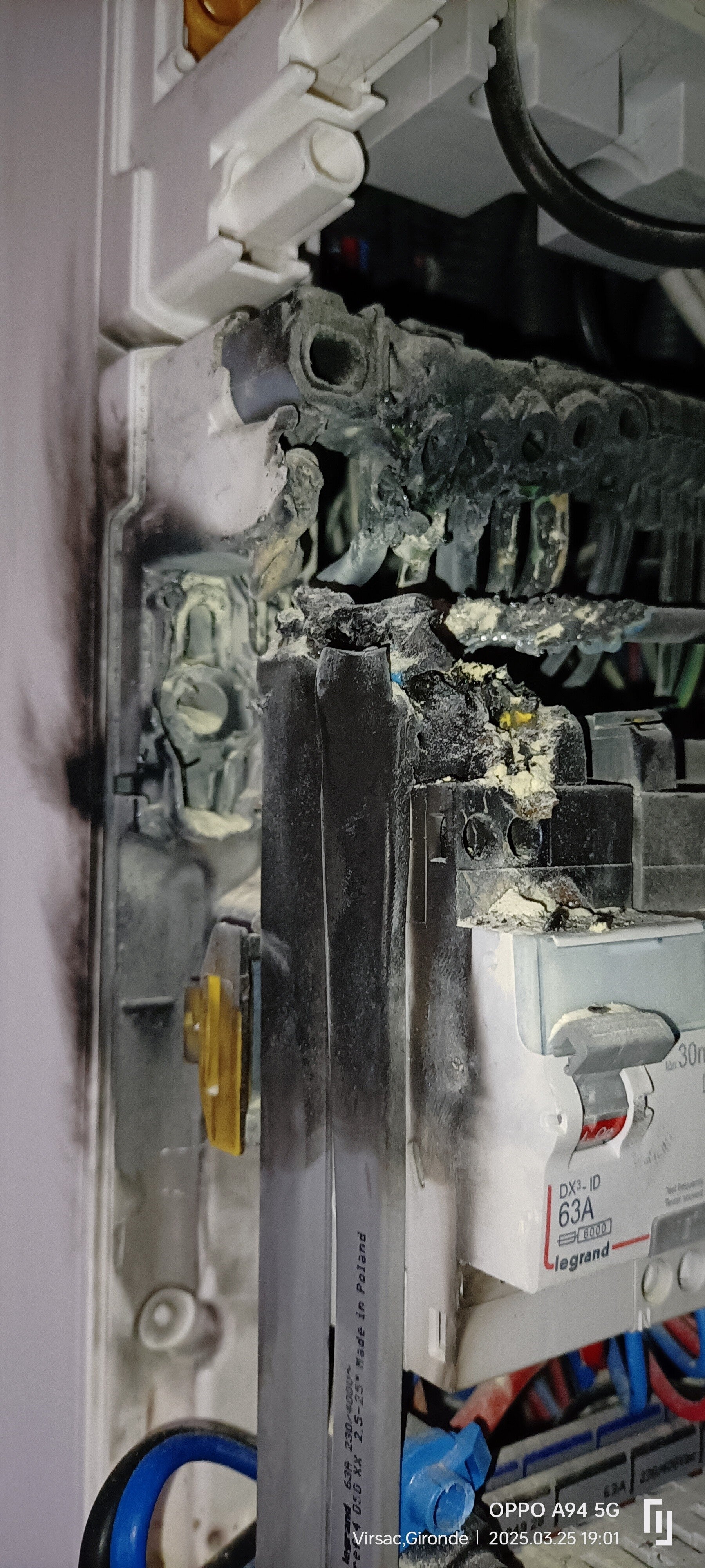 Tableau électrique carbonisé après un départ de feu, illustration des risques électriques et de l'habilitation H0B0