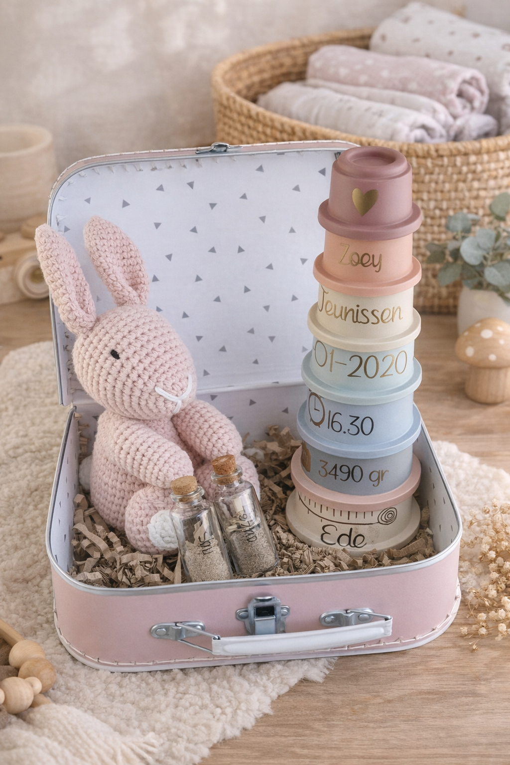 Cadeau-set | Koffertje - Stapeltoren - Knuffel - Bewaarbuisjes