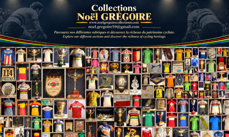 Affiche des Collections Noël Grégoire présentant des maillots, trophées et souvenirs du patrimoine cycliste