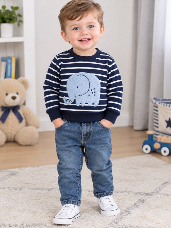 Infant and Toddler baby round neck stripped and Solid Jeans set