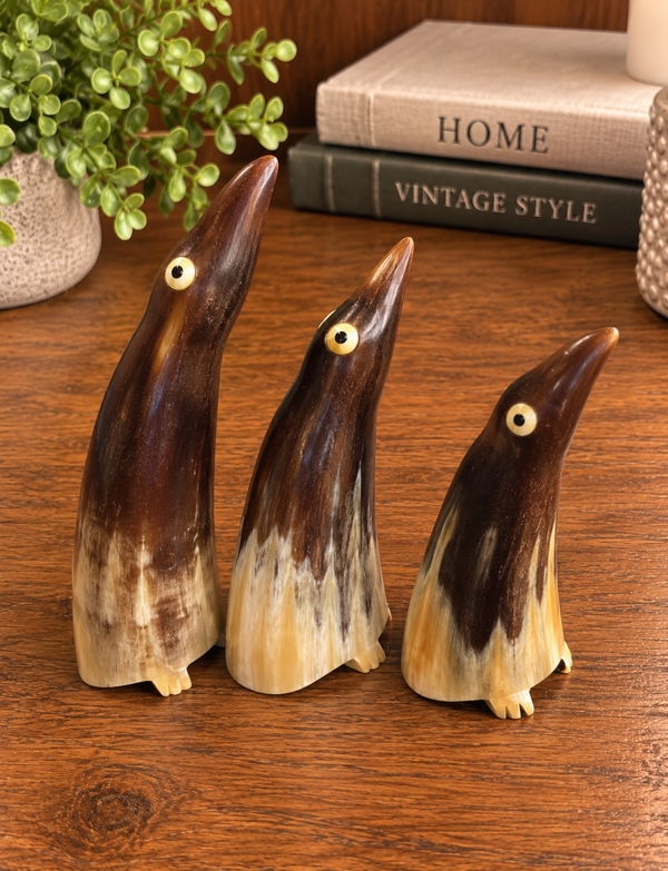 Set of 3 Vintage Hand-Carved Horn Penguin Figurines