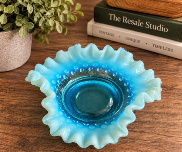 Vintage Blue Opalescent Art Glass Ruffled Edge Decorative Dish Bowl